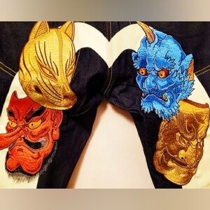EVISU Prajna Masks Embroidery Brocade Selvedge Daicock Denim Jeans NWT w Bag